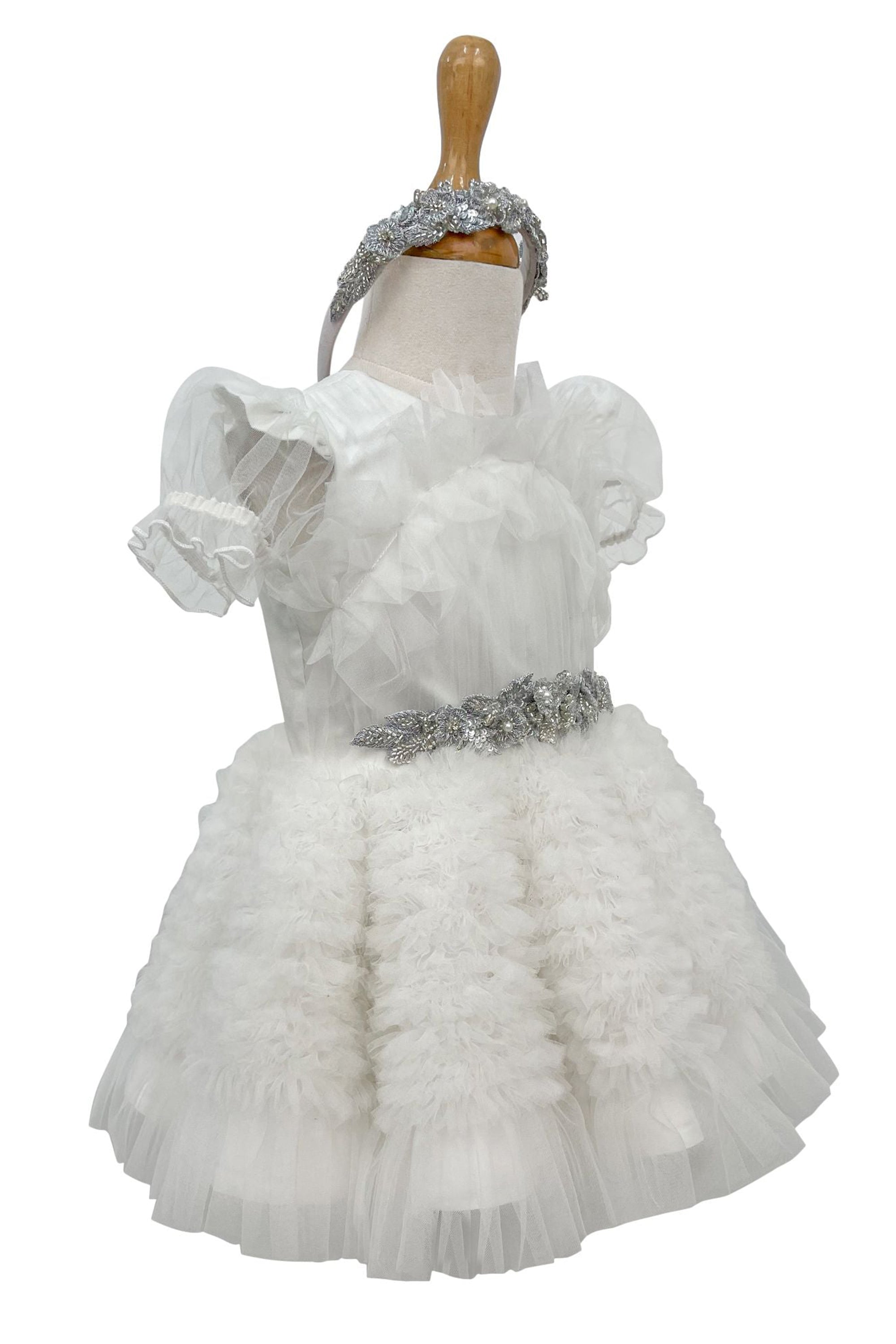 The Embellished Ariel Tulle Dress with Sleeves (White)