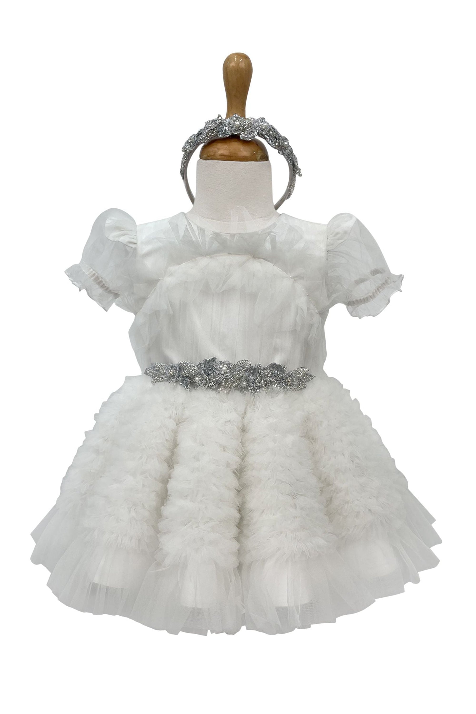 The Embellished Ariel Tulle Dress with Sleeves (White)