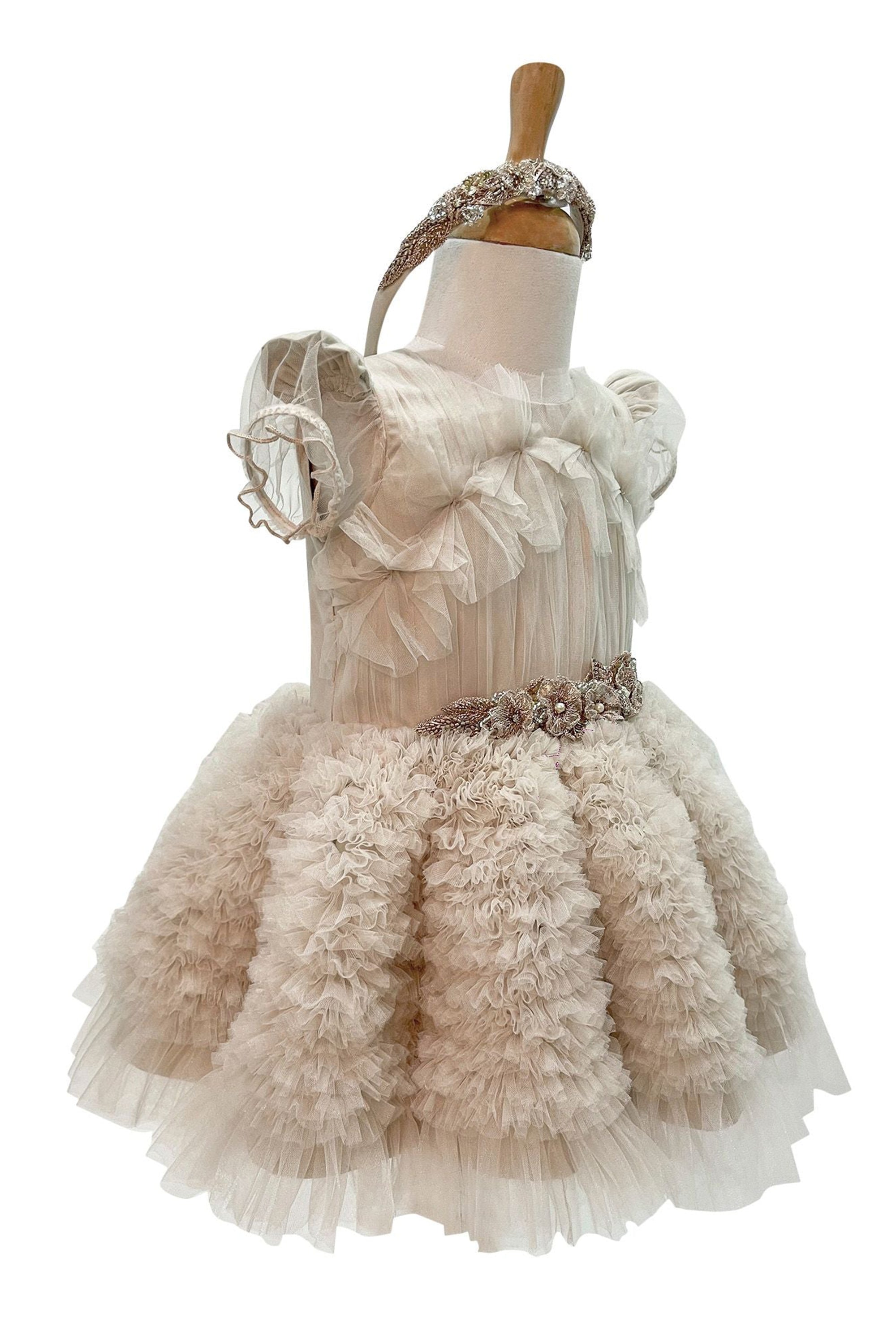 The Embellished Ariel Tulle Dress with Sleeves (Beige)