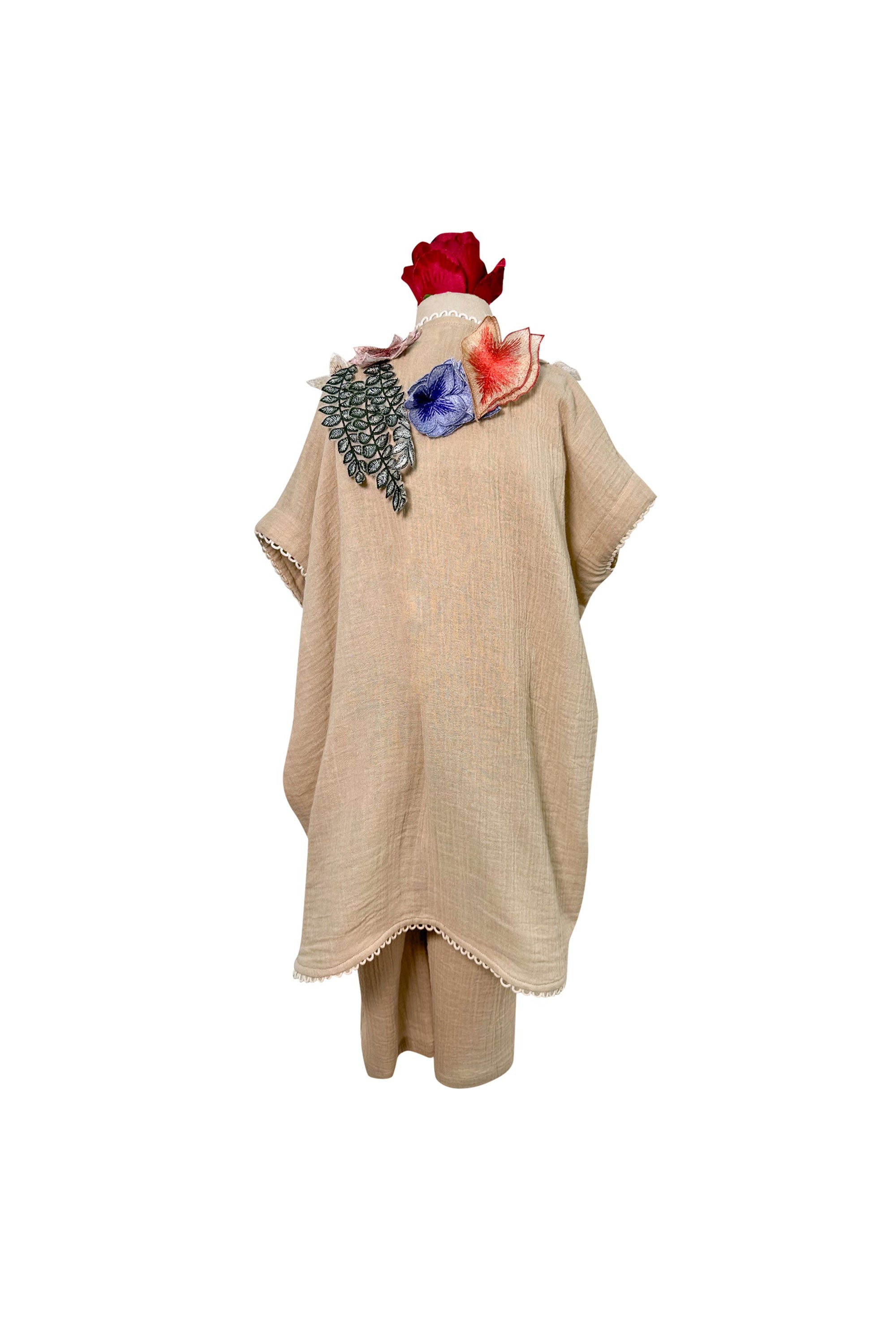 Cotton Jumpsuit with Floral Applique Cape