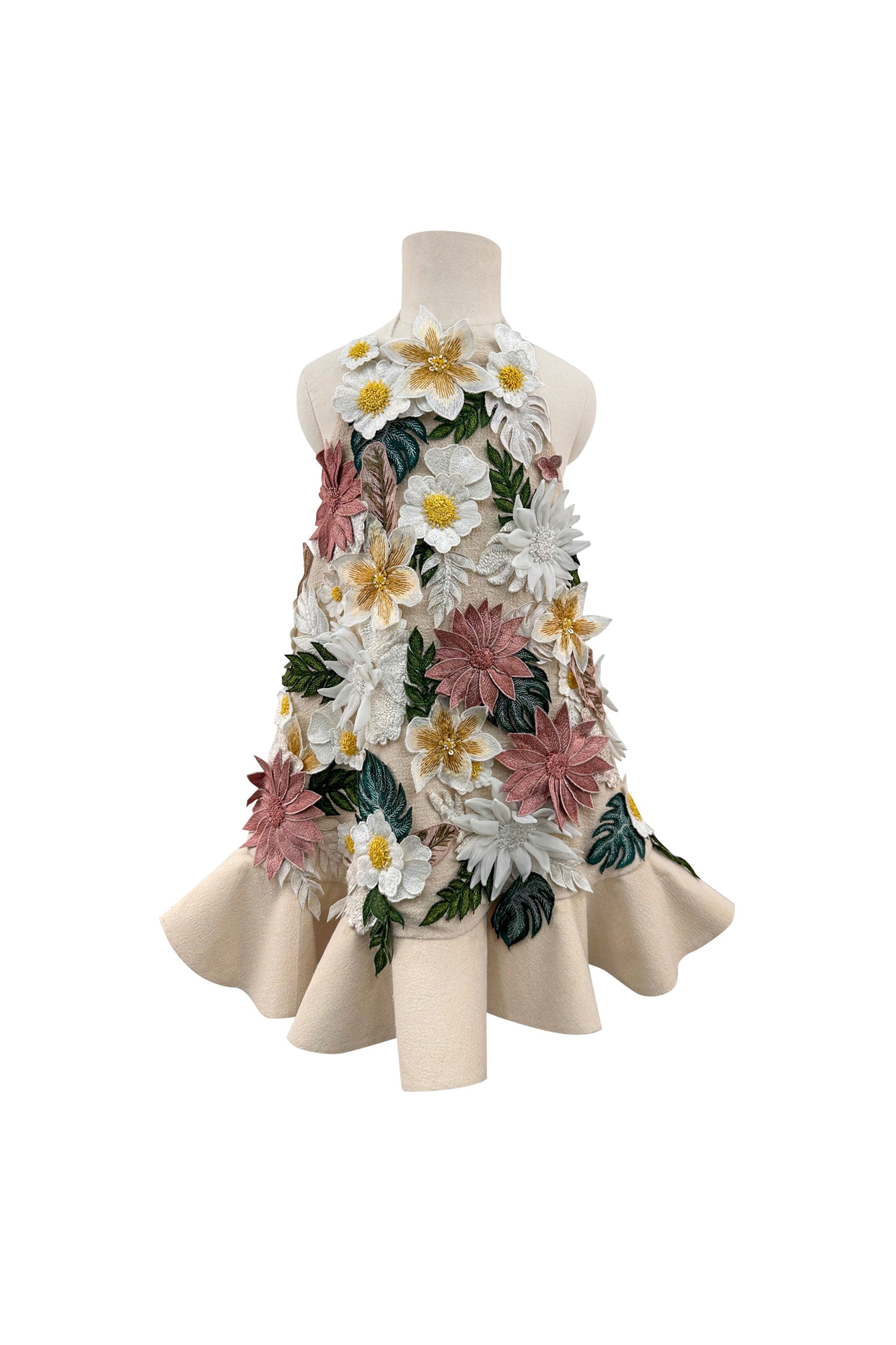 Floral Applique Dress with Detachable Feathers