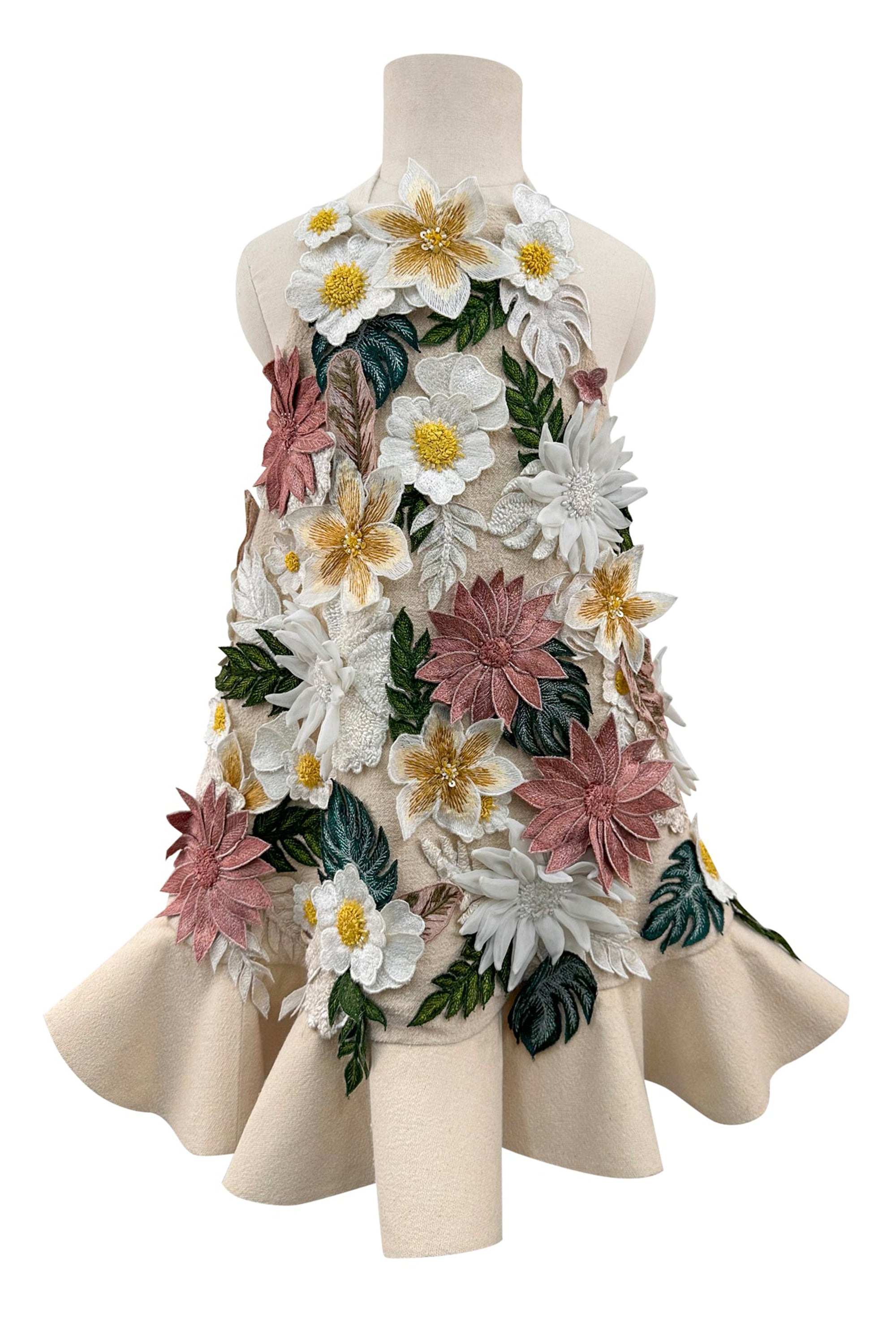 Floral Applique Dress with Detachable Feathers