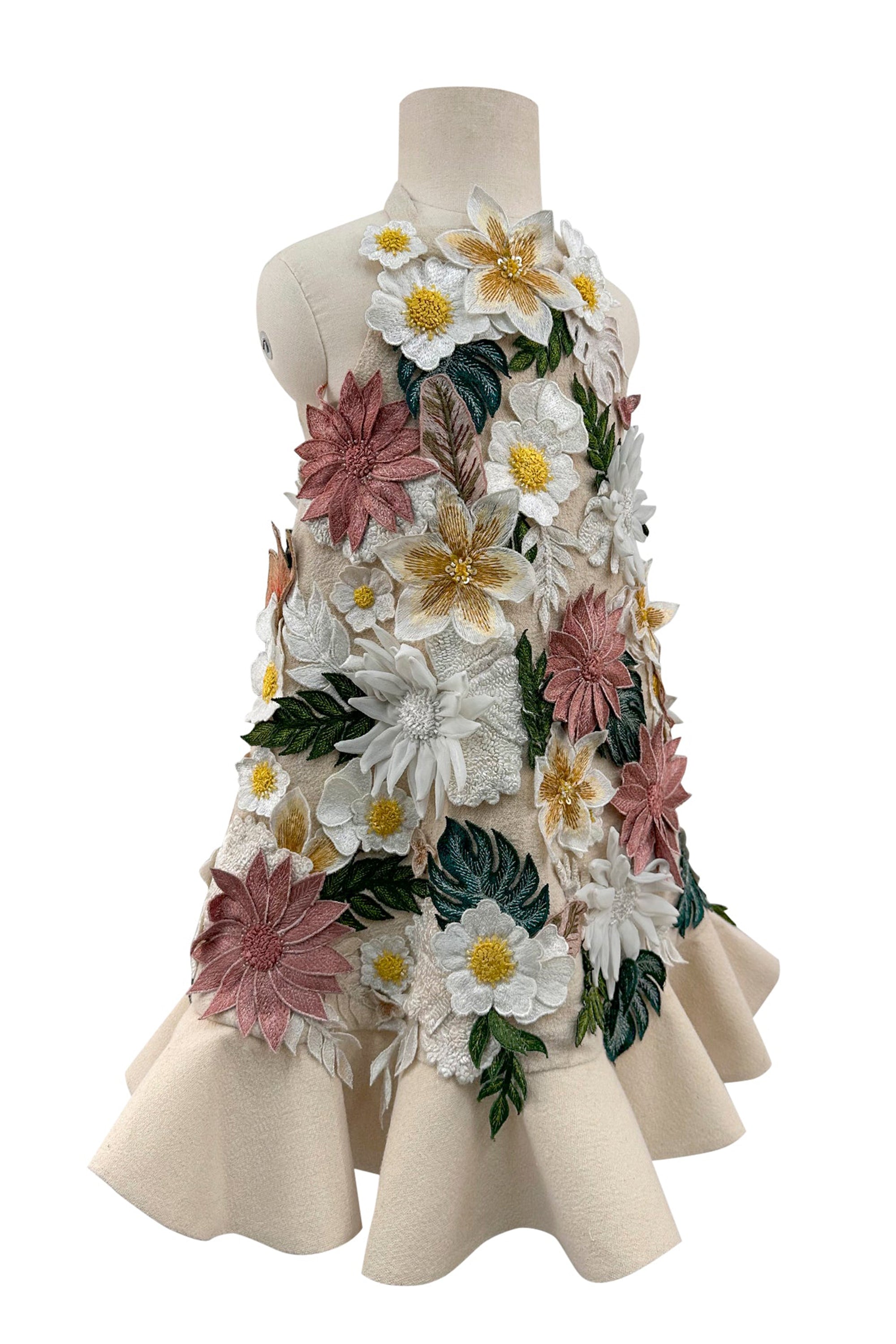 Floral Applique Dress with Detachable Feathers