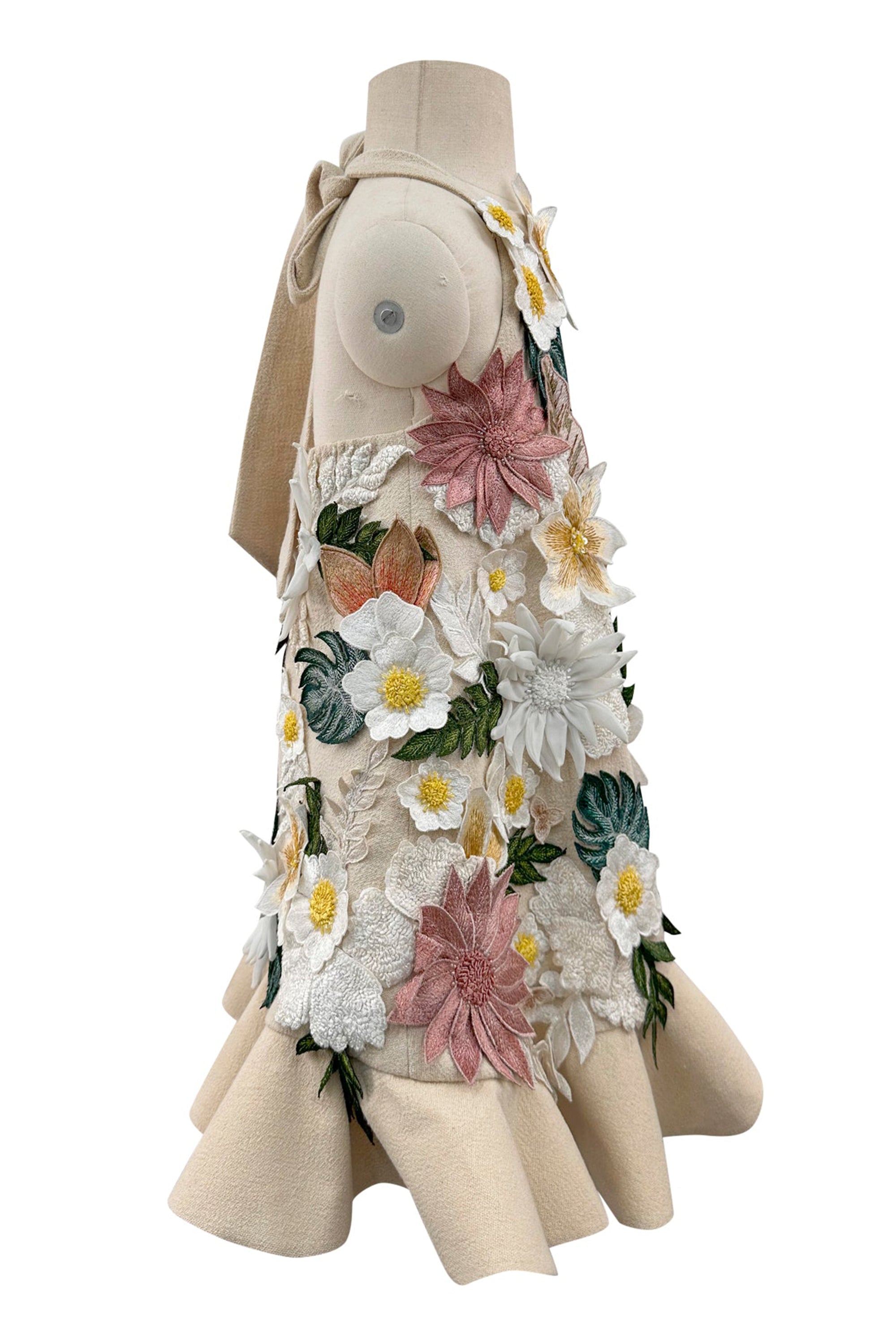 Floral Applique Dress with Detachable Feathers