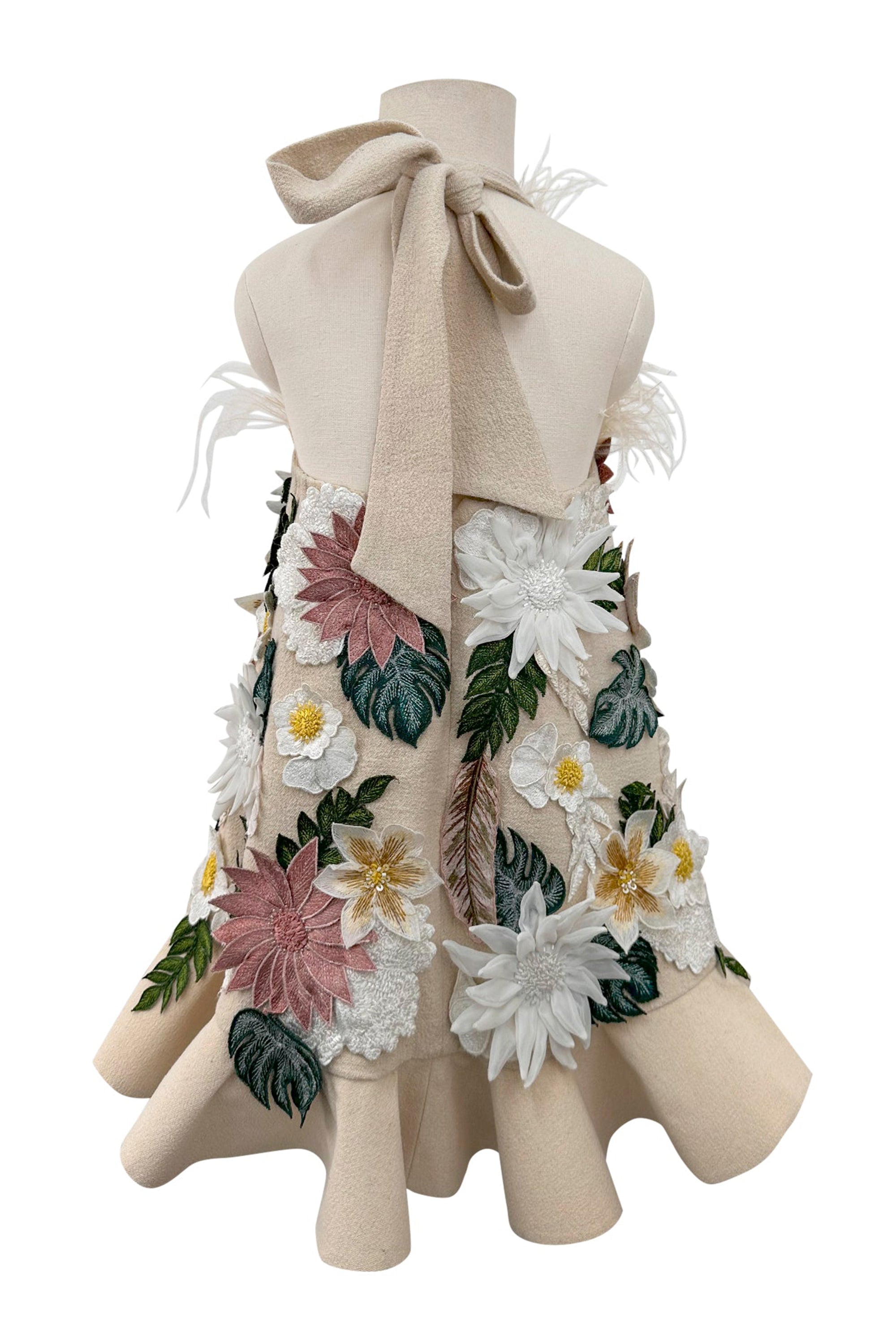 Floral Applique Dress with Detachable Feathers