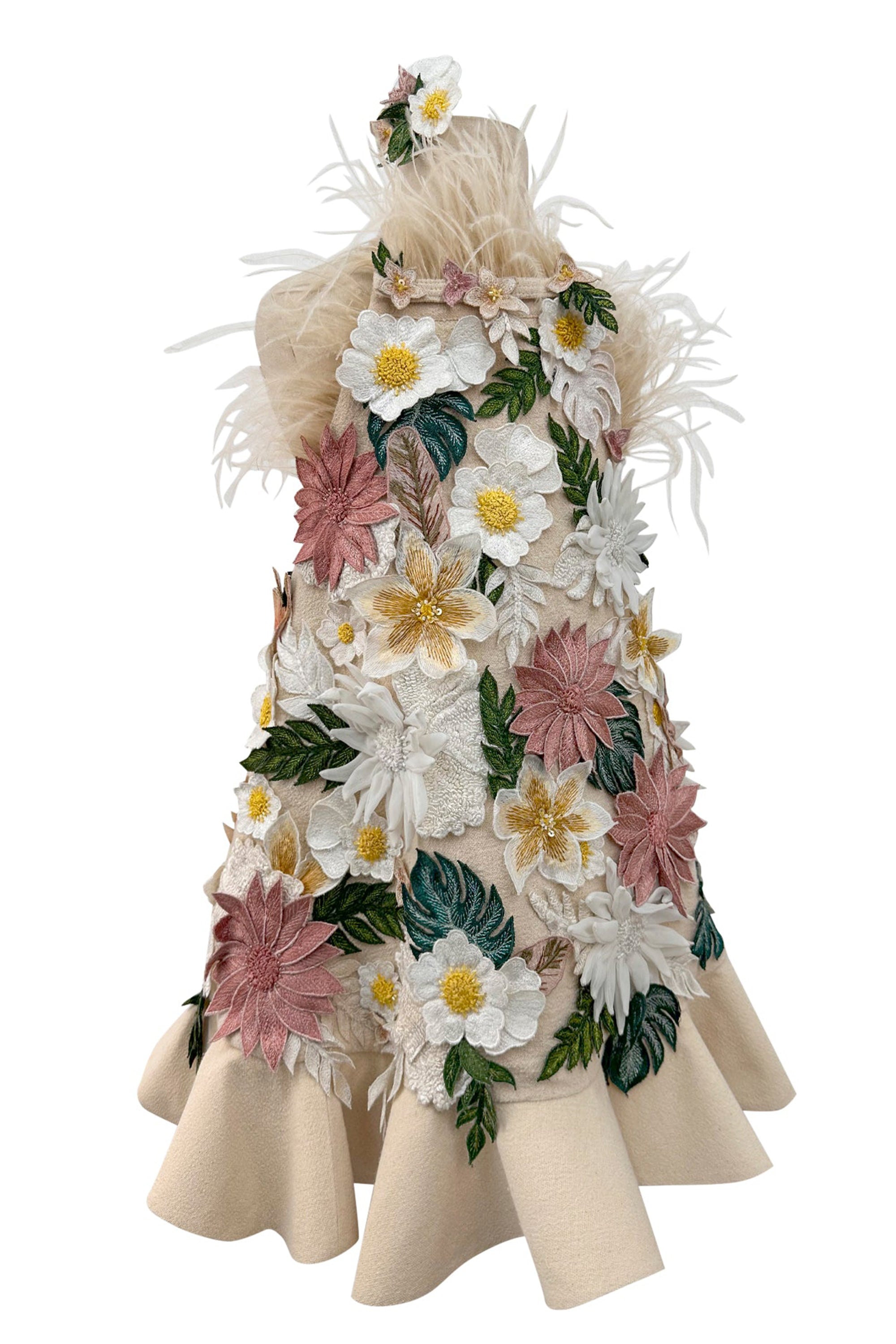 Floral Applique Dress with Detachable Feathers