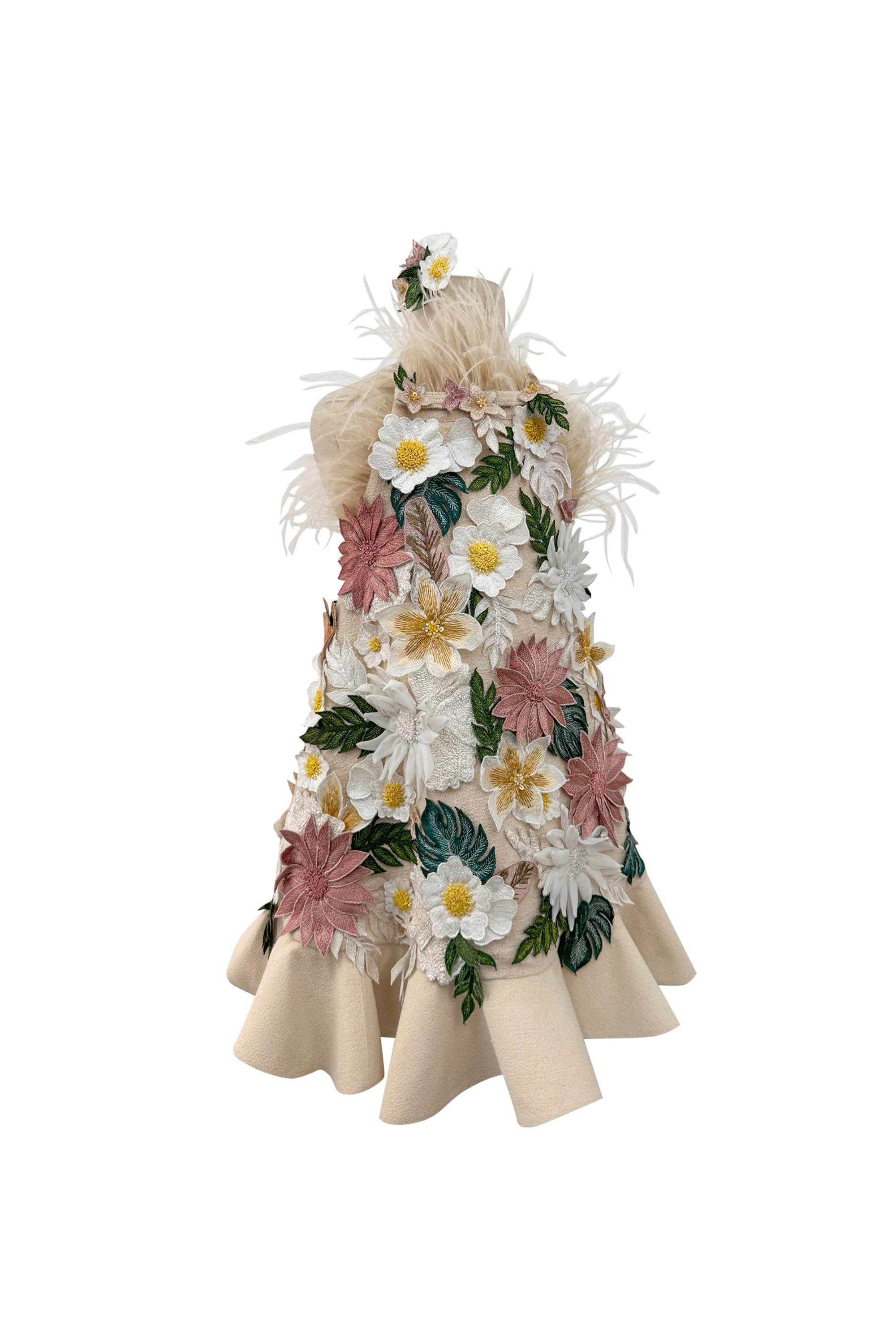 Floral Applique Dress with Detachable Feathers