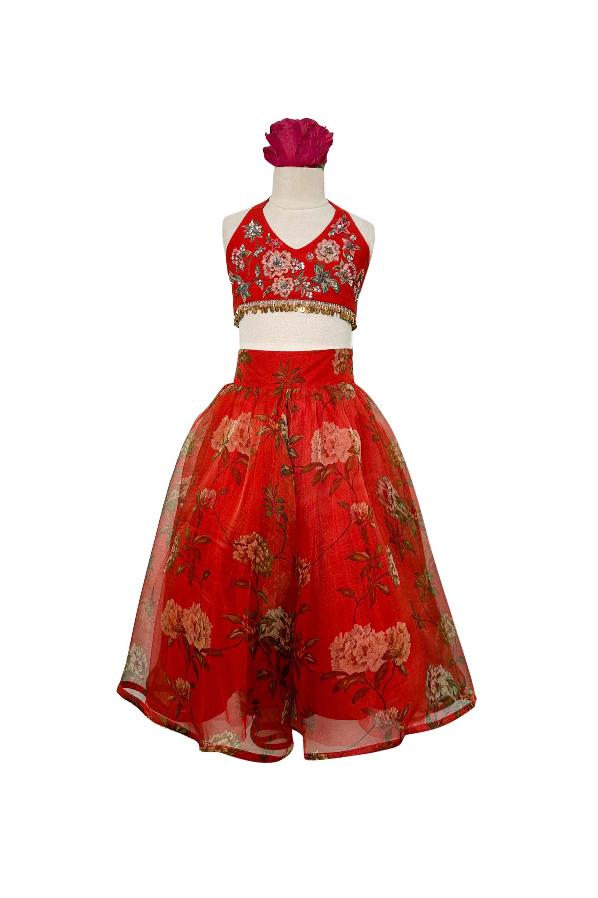 Printed Pure Organza Lehenga with Embellished Halter Blouse