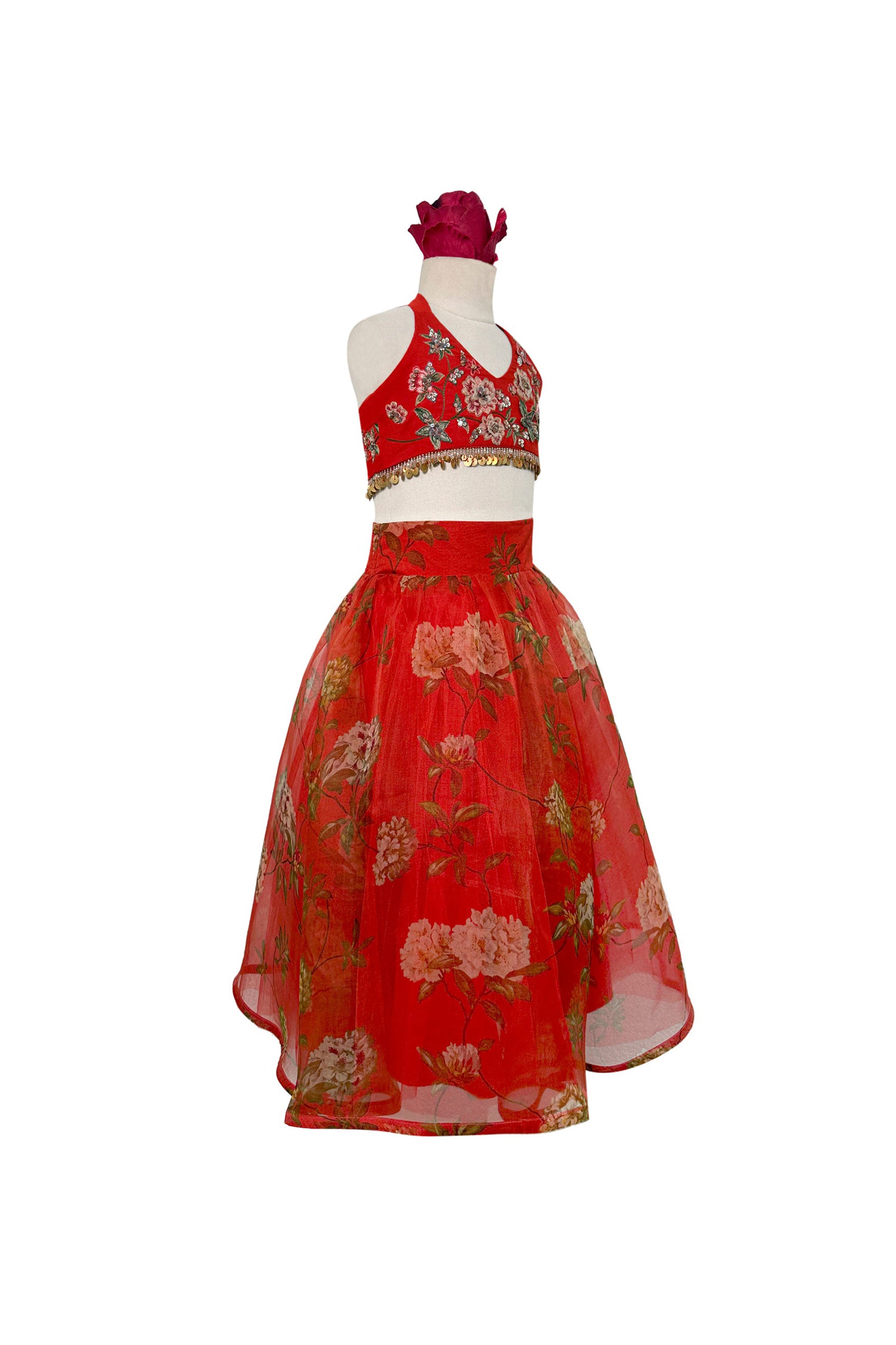 Printed Pure Organza Lehenga with Embellished Halter Blouse