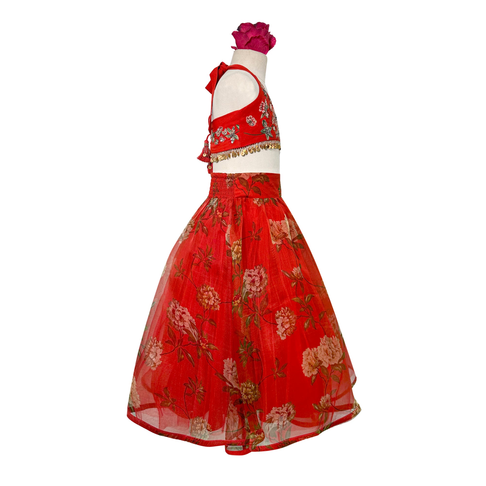 Printed Pure Organza Lehenga with Embellished Halter Blouse