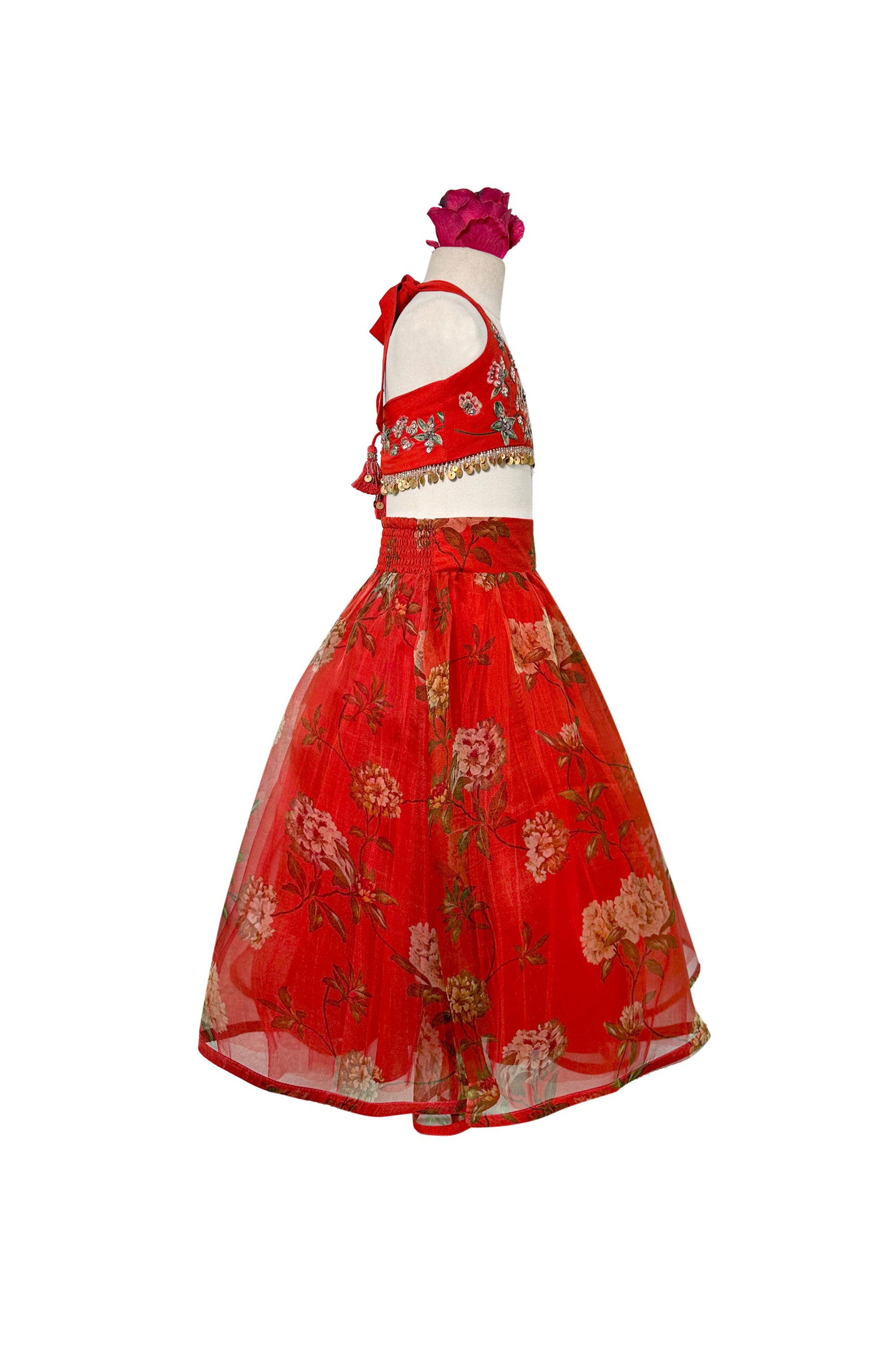 Printed Pure Organza Lehenga with Embellished Halter Blouse