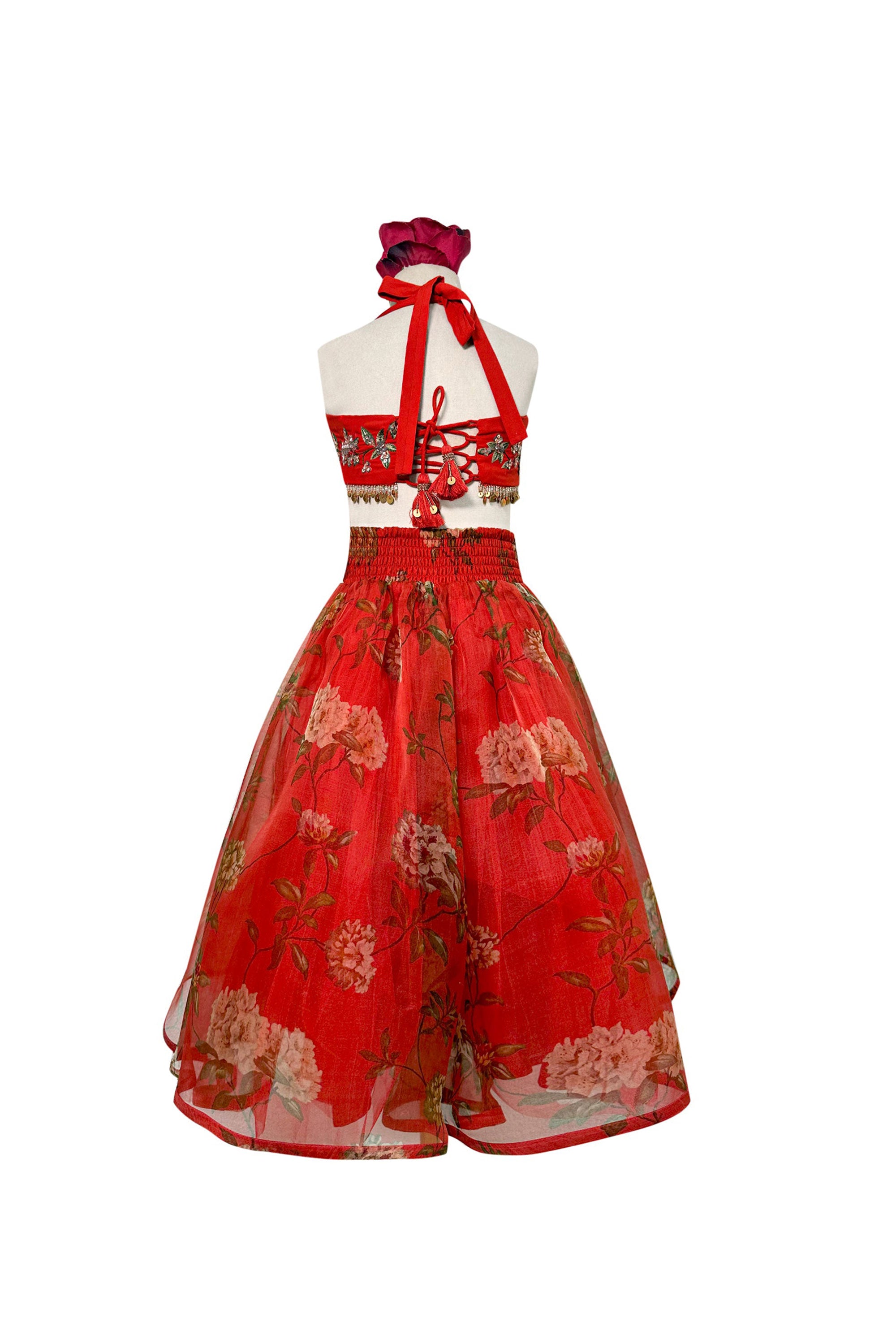 Printed Pure Organza Lehenga with Embellished Halter Blouse