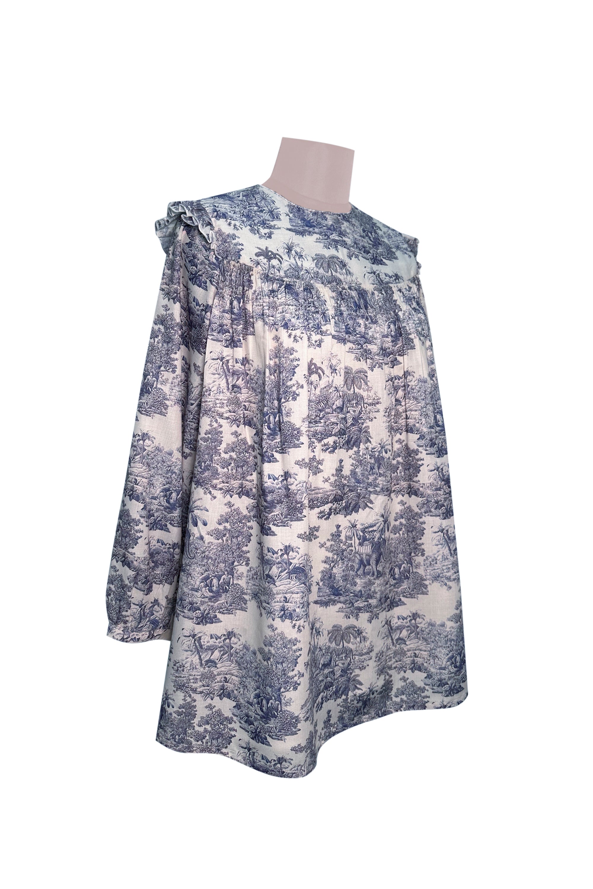 Blue and White Printed Full Sleeves Dress For Women