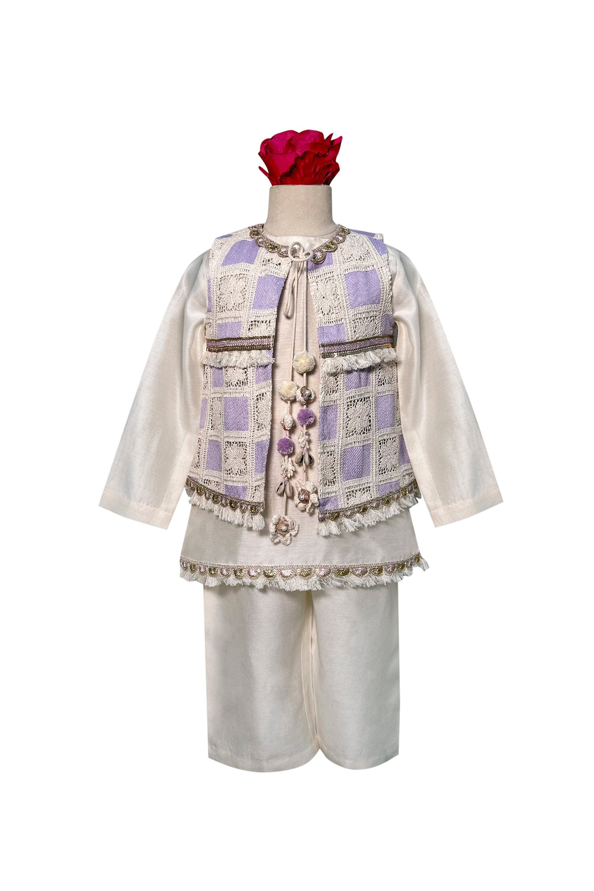 Chanderi Kurta Pajama with Crochet Sleeveless Jacket