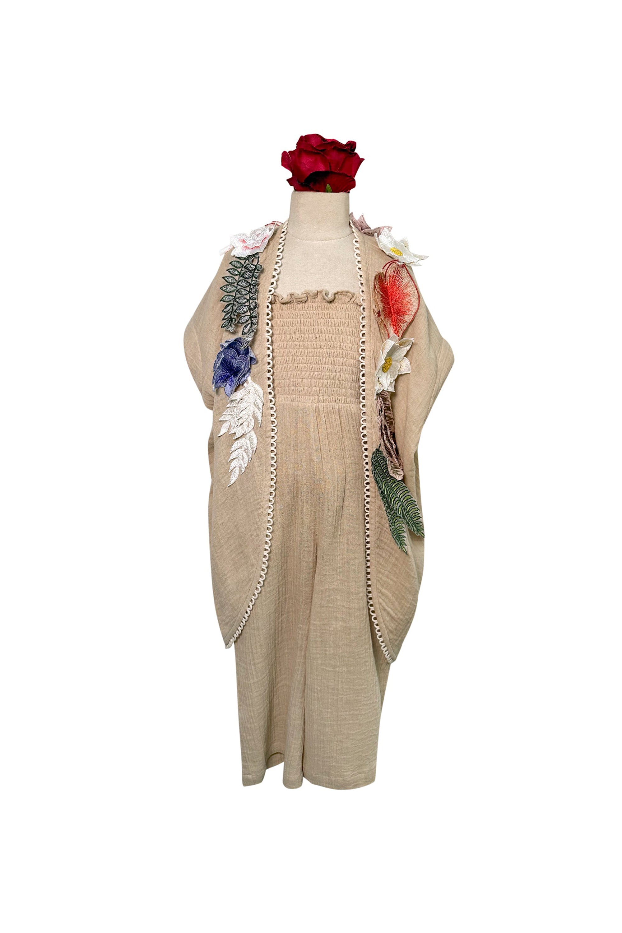 Cotton Jumpsuit with Floral Applique Cape