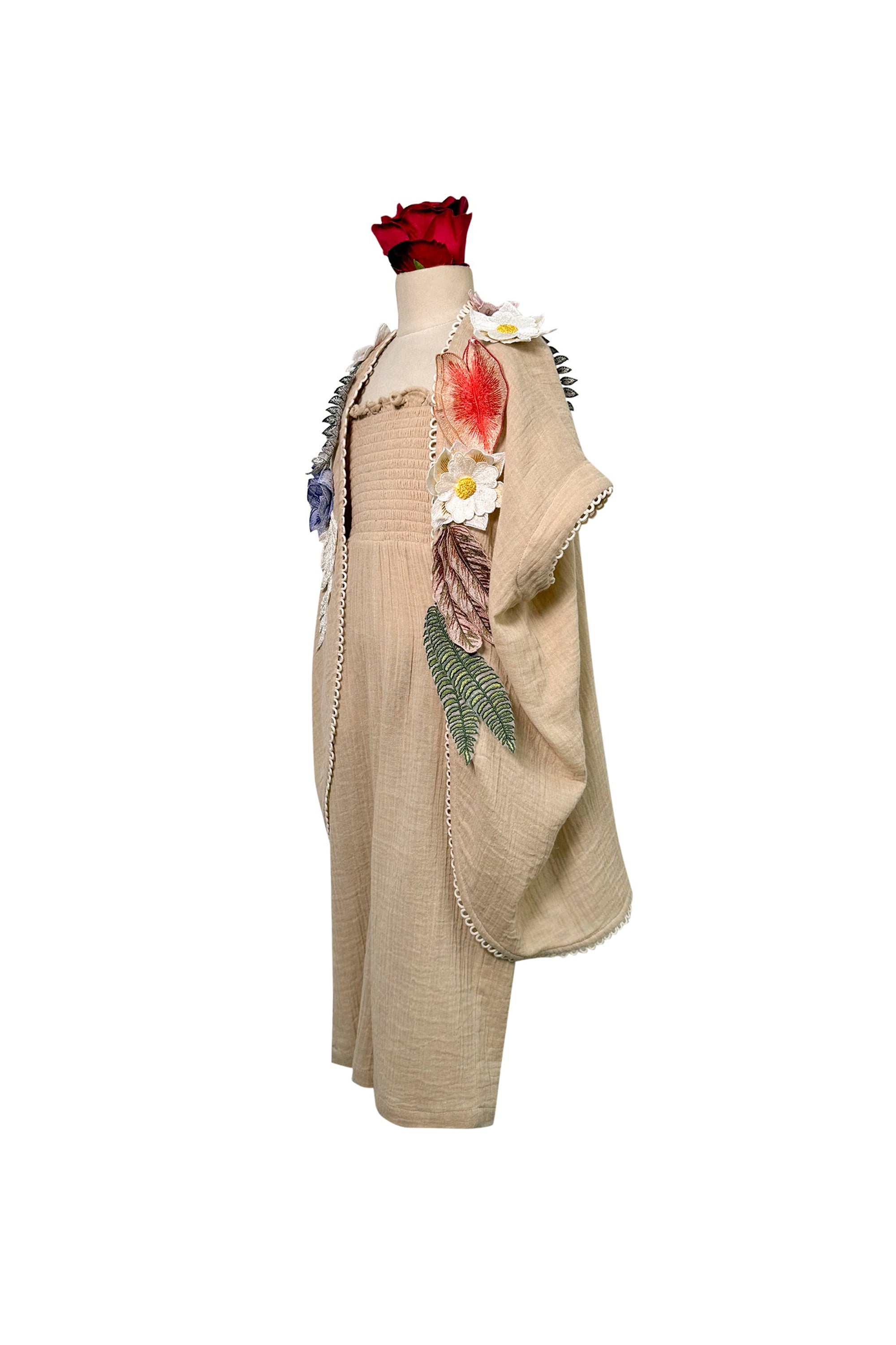 Cotton Jumpsuit with Floral Applique Cape