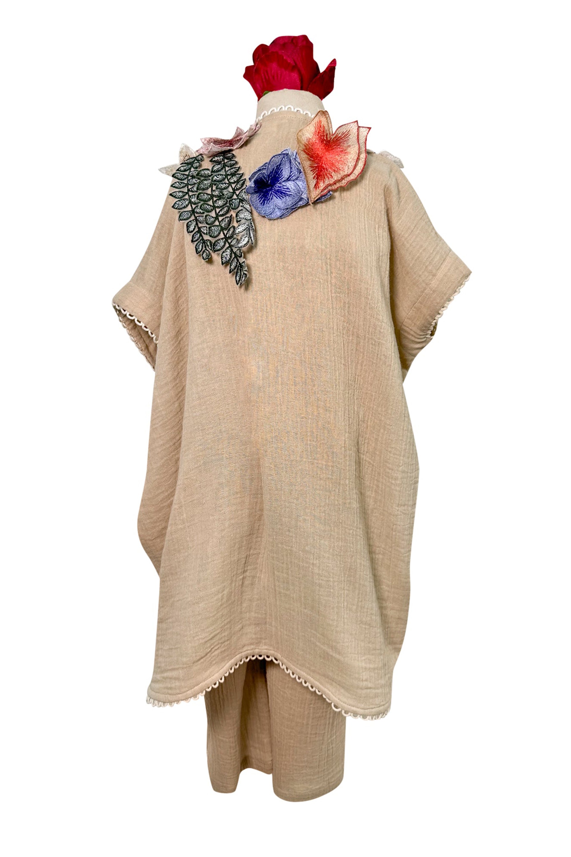 Cotton Jumpsuit with Floral Applique Cape