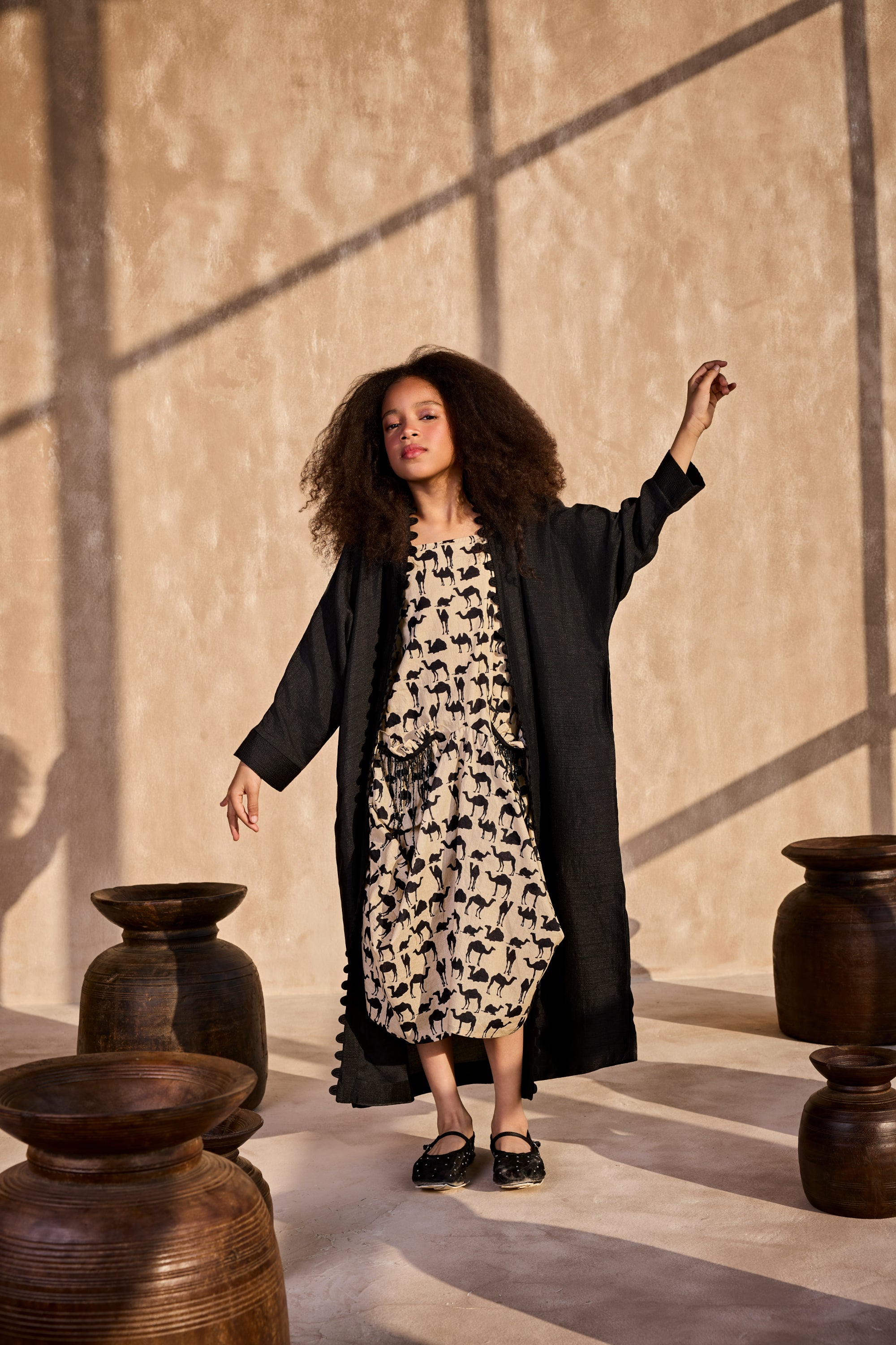 The Cai Printed Dress with Salena Black Cape