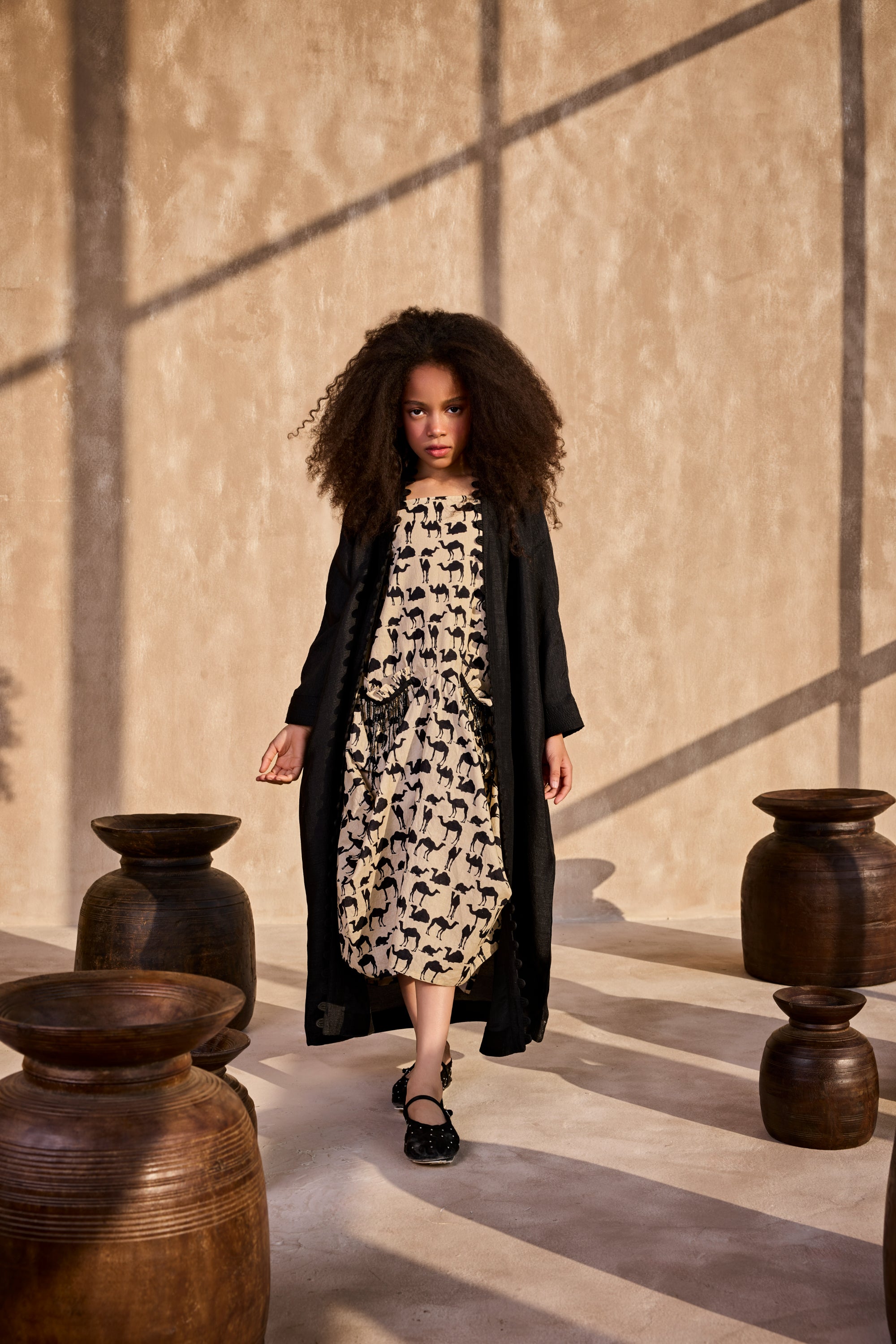 The Cai Printed Dress with Salena Black Cape